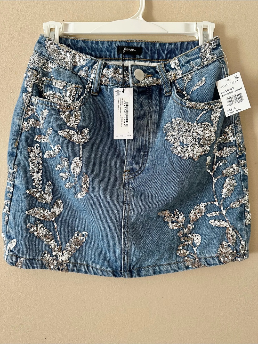 NWT Nasty Gal for Nordstrom Floral Sequin 100% Cotton Denim Mini Skirt, Sz 2